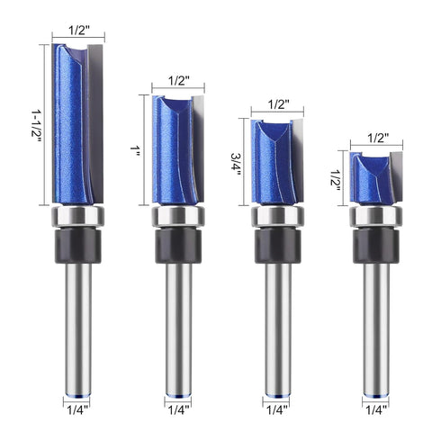 BAIDETS 1/4 Set, 1/2", 1/2", 3/4", 1", 1-1/2" Pattern Flush Trim Router Bits Shank, Bottom Bearing Pattern Router bit
