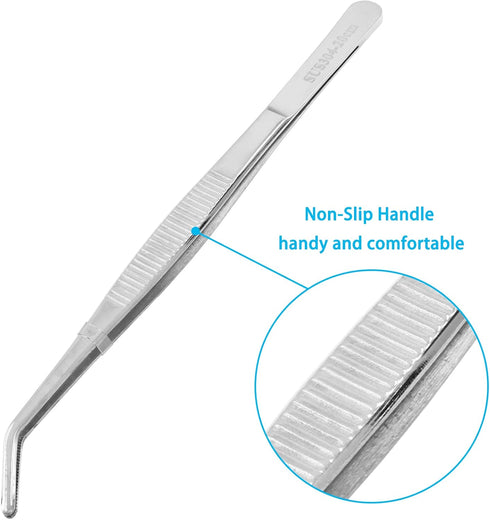 1Pcs 8 Inch Stainless Steel Tweezer, Long Precision Serrated Curved Tips, Non-slip Multitool for Cooking, Repairing
