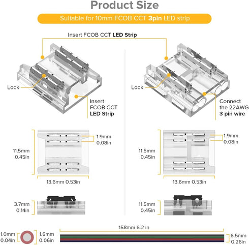 SEZO FCOB COB 3PIN 10mm LED Light Strip Connectors Kit 8P Gapless Solderless Connectors+4P Corner Connectors+4PCS 15cm Long 22AWG Extension Wire Support COBCCT&COB RGB LED Strip by SEZO