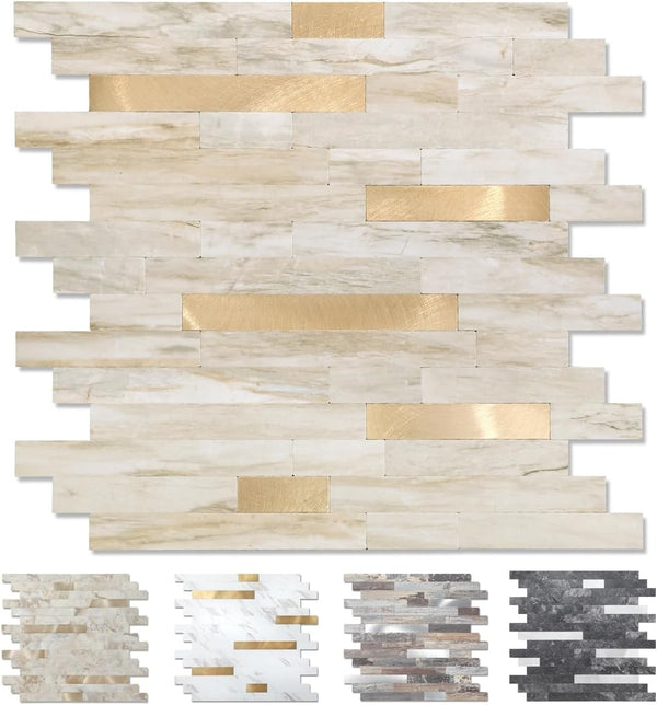 Yipscazo 10 Sheets Peel and Stick Stone Metal Tile Backsplash, 12'' X 12'', Beige Stone with Gold for Kitchen, Bathroom