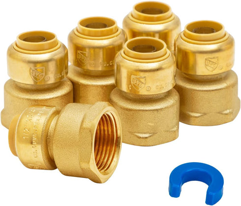 SUNGATOR Reducing Adapter 1/2 Inch x 3/4 Inch FNPT, No Lead Brass Push-to-Connect Female Plumbing Fittings, Pack of 6