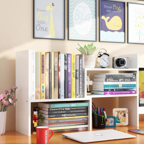 Expandable Wood Desktop Bookshelf - Adjustable Office Storage Rack, Display Shelf for Supplies