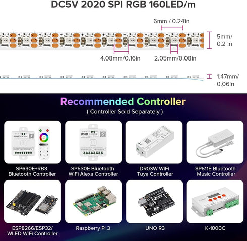WS2812B 5mm 2020SMD DC5V 6.4FT 160Pixels/m 320LED IP30 BTF-LIGHTING IC RGB Ultra Narrow LED Strip Individually