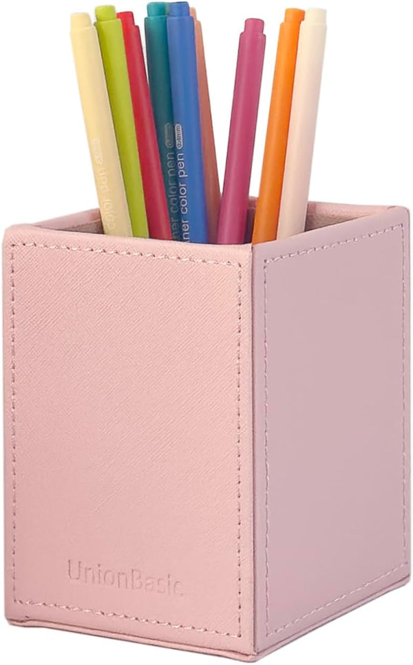 UnionBasic Square Pen Holder, Pink Leather Pencil Cup, Taiga Pattern Desktop Caddy Stationery Organizer
