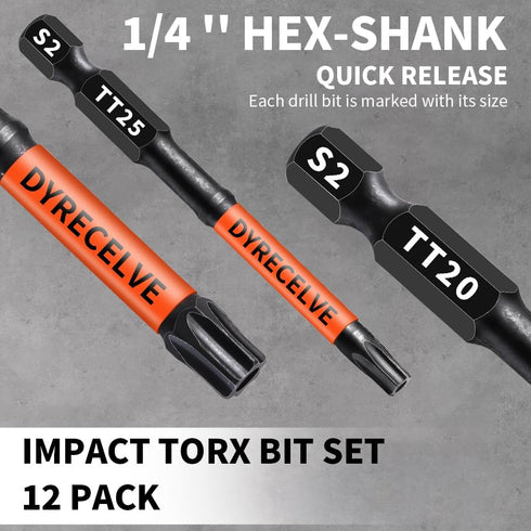 12-Pack Set (T5-T40) 3-Inch S2 Set, 1/4" Impact Security Torx Bit Long, Steel, Professional Tamper Proof Star Bits
