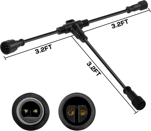 9.8FT Outdoor Extension Cord, 2 Core 2 Pin Black Plastics, IP65 T Shape Tee Connector for Landscape Lights