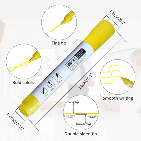 Bright Yellow Easy Clean Dry Erase Markers, 2-in-1 Reversible Dual Tip, Kids Liquid Chalk Pens, 10 Pack