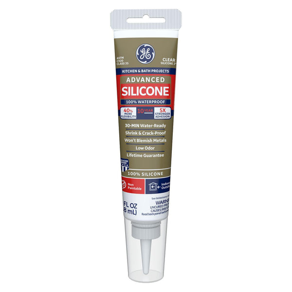 GE Advanced Silicone Caulk - 100% Waterproof Sealant for Kitchen & Bathroom, 5X Stronger Adhesion, 2.8 fl oz Tube,