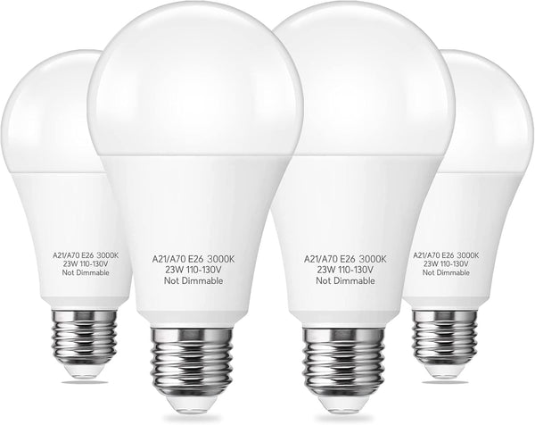 A21 LED Light Bulb, 150-200W Equivalent, 23W LED, 2500 Lumens, 3000K Warm White, 4 Packs
