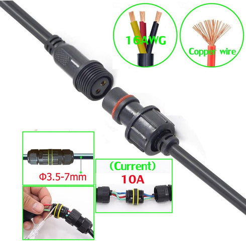 Waterproof Connectors 3 Wire, 16AWG Male Female Plug LED Connector with M16 Electrical Cable for Indoor/Outdoor Use