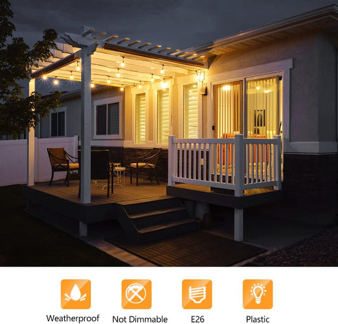 Shatterproof & Waterproof S14 LED Bulbs, Warm White 2200K, 70LM, E26 Base, 120V, 15 Pack Replacement Patio Lights