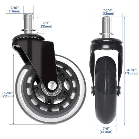 Huracan Office Chair Wheels, Set of 5, Replacement Rubber Casters for Hardwood Floor, Heavy Duty, Not Compatible with