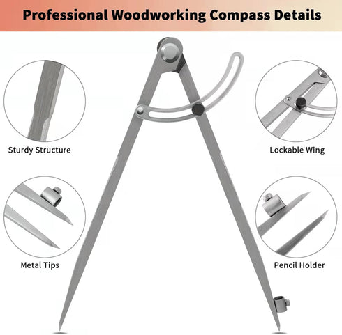 Pencil Compass 12 Inch - Precision Woodworking Compass with Wing Divider and Pencil Holder for Geometry Drafting