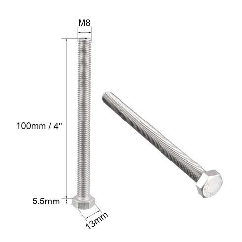 uxcell M8 x 100mm A2 Stainless Steel Fully Threaded Hex Head Screw Bolt (5 Pcs)