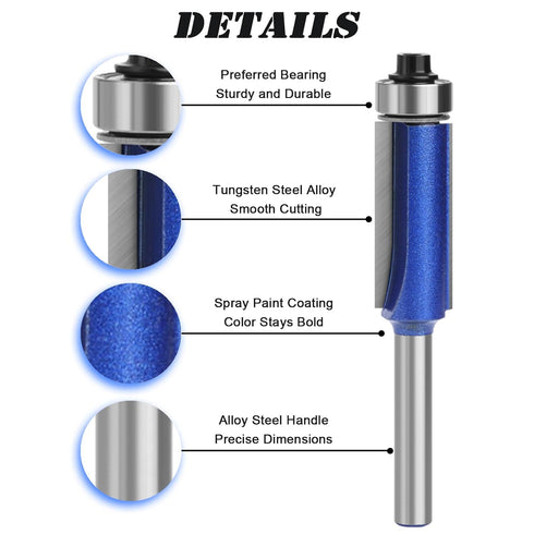 BENESOON 4PCS Set 1/4 Inch ,45 Router Bit Shank, Tungsten Carbide Tip Includes Top Bearing Flush Trim, Pattern Template