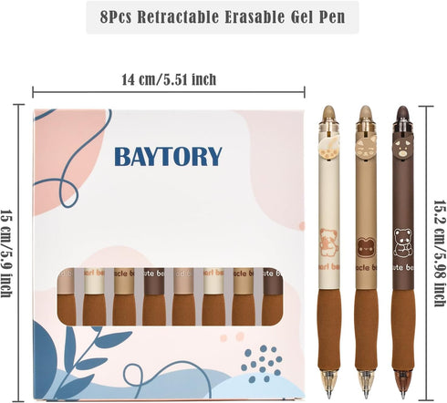 BAYTORY 8Pcs Cute Retractable Erasable Gel Pens, Blue and Black Ink Pen with Eraser Clear, Smooth Writing Comfortable to Use for Note Taking Marking Planner Crossword Puzzles (Coffee) by BAYTORY
