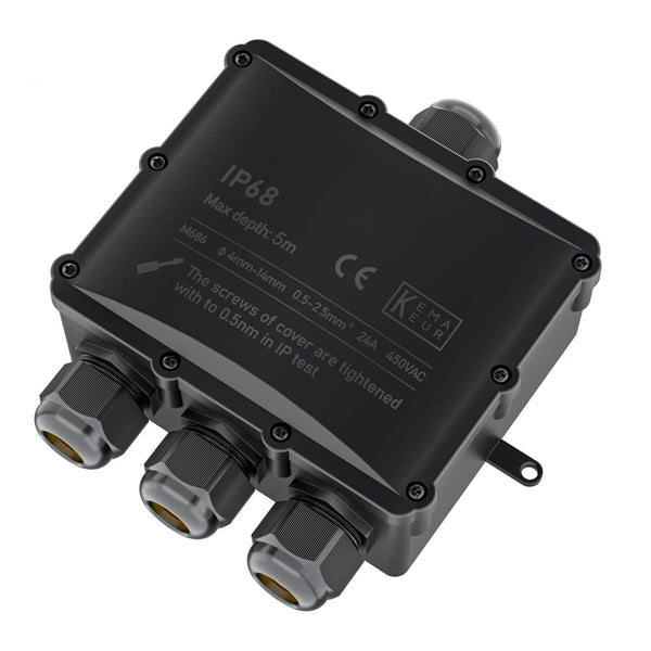 IP68 Waterproof Junction Box, 4-Way Outdoor Cable Connectors with 4 Cable M25 Gland for 4-14 mm Diameter Cable, Black