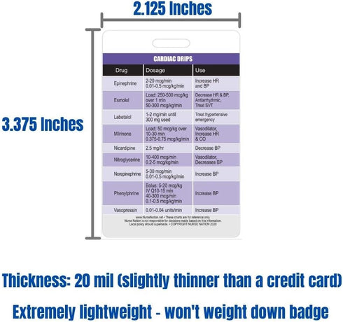 Cardiac Drips Reference Vertical Badge Card, Excellent Resource for Nurses and Nursing Students