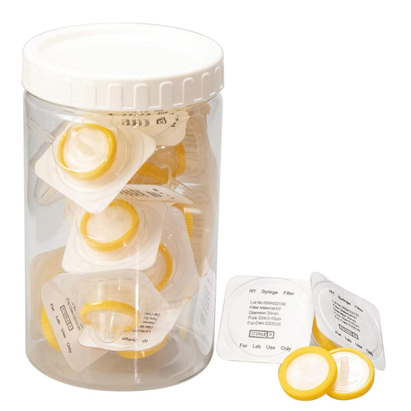 Sterile Syringe Filter Nylon Hydrophilic Filtration, 0.45 um Pore Size, 25 mm Membrane Diameter, 20 Pack