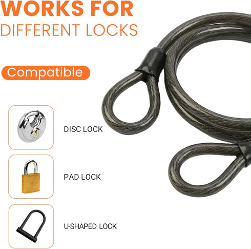 J-TECH DYNAMICS 12MM 4FT 7FT 10FT 15FT 25FT 30FT 10FT) Security Cable with Loops, Heavy Duty Lock Cable, Vinyl Coated