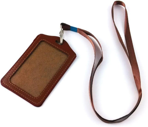yueton 10pcs Vertical Style Leather Business ID Badge Holder - Brown with Long Neck Strap Lanyard