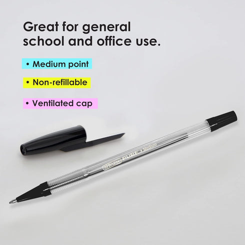 BAZIC Ballpoint Pen Pure Black Color Stick Pens, 1.0 mm Bold Point, 12/Pack