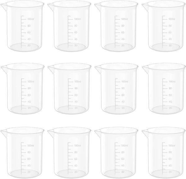 12 Pcs 3.4 Oz Transparent Lab Measuring Cup, 100ml Plastic Beaker Cups for Science Experiments