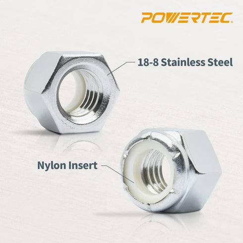 POWERTEC QLN1101 Nylon Insert Lock Nut Set, 1/4"-20, 18-8 304 Stainless Steel, 50 Pack