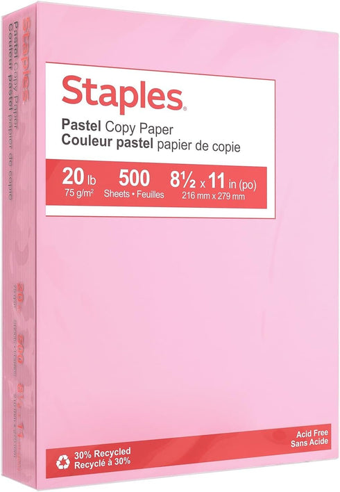 Staples Pastel Colored Copy Paper 8 1/2-Inch x 11-Inch Pink 500/Ream, For