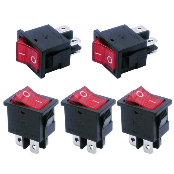 mxuteuk 5pcs Mini Rocker Switch Illuminated Snap-in DPST Toggle Power ON-Off Switch, 4 Pin Red Light