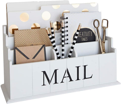 BLU MONACO White Wooden Mail Organizer, 3-Tier Desk Organizer, Rustic Country Mail Sorter for Kitchen or Office