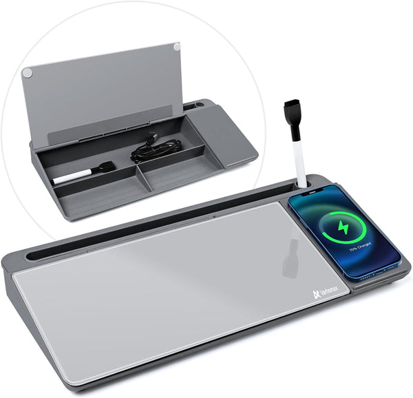 Varhomax Glass Desk Whiteboard with Wireless Charger, Dry Erase Board with Storage for Home and Office