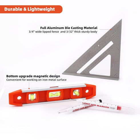 Rafter Square and Torpedo Level Set, Magnetic Leveler Tool with Different Bubbles, Measuring Woodworking Square