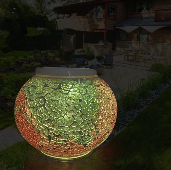 KAHUAHU Solar Outdoor Table Lamp, Solar Powered Mosaic Glass Ball Garden Lights Waterproof