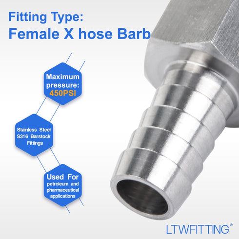 LTWFITTING Stainless Steel 316 Barb Fitting Coupler, 1/2" Hose ID x 1/2" Female NPT (Pack of 5)