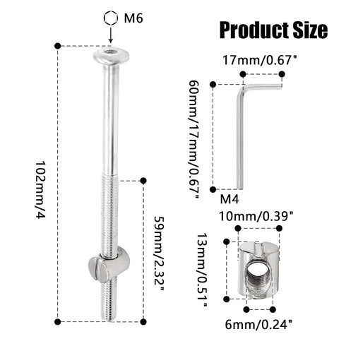 Biaungdo 12 M6 100mm Pcs x Bunk Bed Bolts, Hex Drive Socket Furniture Barrel Screws Bolt Nuts Furniture Crib Baby Bed
