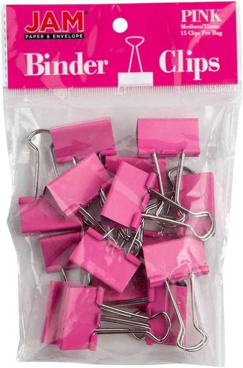 64 JAM Plus Pink Medium Binder Clips + Size Rubberbands