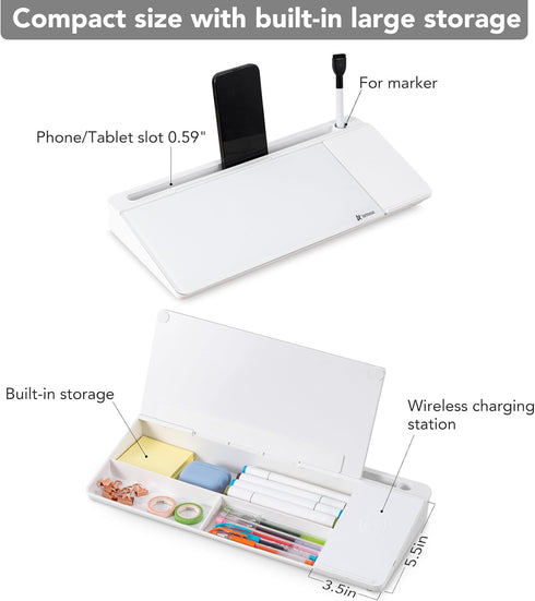 Varhomax Glass Desk Whiteboard with Wireless Charger, Desktop Dry Erase Board with Storage, Memo Notepad for Home Office