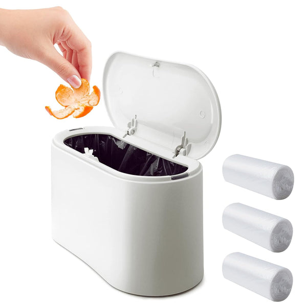 Mini Desk Trash Can with Lid, 0.5 Gallon Countertop Waste Bin with 90 Pcs Trash Bags for Office Bedroom (White)