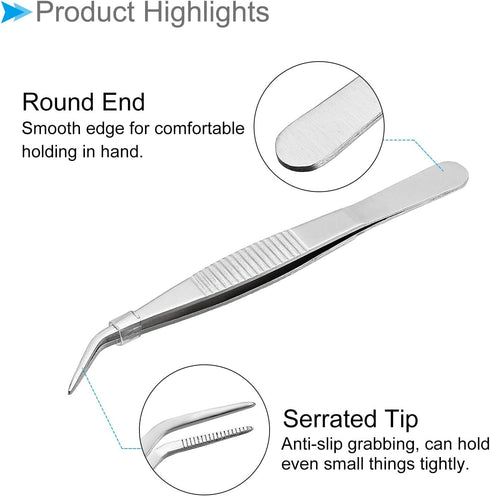 2-Pieces Stainless Steel Curved Pointed Serrated Tip Tweezers, 125mm Length for Mechanical Equipment Repair