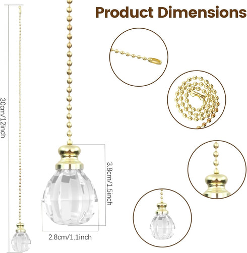 2 12 Inches Pcs Ceiling Fan Pull Chain Ornaments Light Pull Beaded Chains with Clear Acrylic Prism Ball Pendant