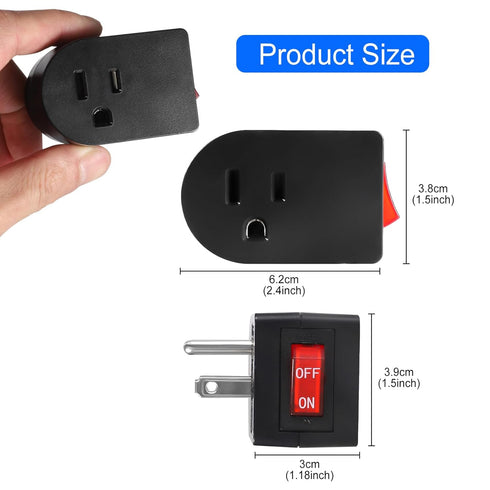 Grounded Outlet with ON Off Switch (2 Pack), Single Power Adapter Outlet Switch, 15A 1875W/3 Prong Plug