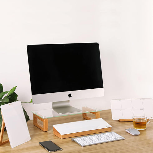 Yeoux Glass Desktop Whiteboard with Wood Organizer for Small Office Accessories, Aesthetic Dry Erase Board with Drawer