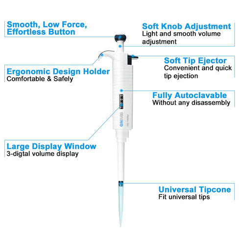 ONiLAB Lab Micropipette, Single Channel Adjustable Volume Pipette, High Precision, Fully Autoclavable, 2-20ul