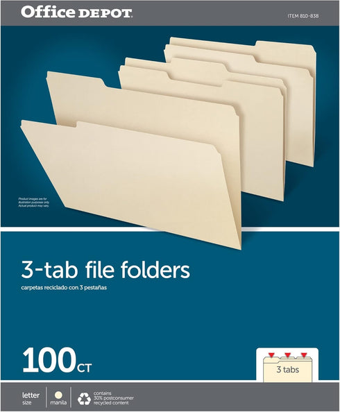 Office Depot File Folders, 1/3 Cut, Letter Size, 30% Recycled, Manila, Pack of 100, 810838 by Office Depot