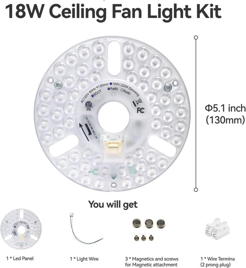 5" Kit,18W,5CCT 3000K/3500K/4000K/5000K/6000K Adjustable,120VAC LED Ceiling Fan Light Retrofit ETL Light Kit