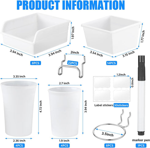 64 Pieces Pegboard Bins with Hooks and Loops, Pegboard Cups Assortment Organizer for Tools Storage Office Garage