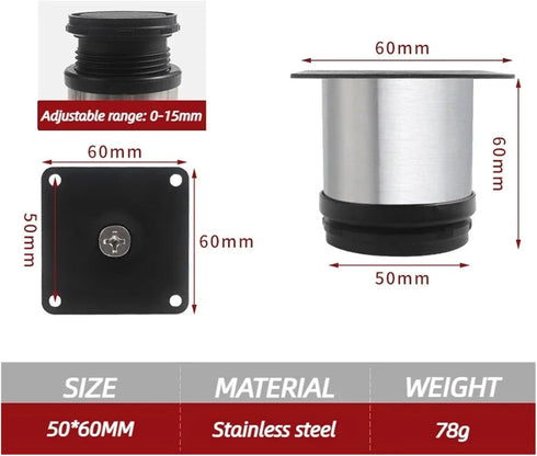 Generic 4 0-15mm Hardware(MTA0620-60mm-4pack) Pieces Adjustable Brushed Cabinet Legs Stainless Steel TV Stands Table