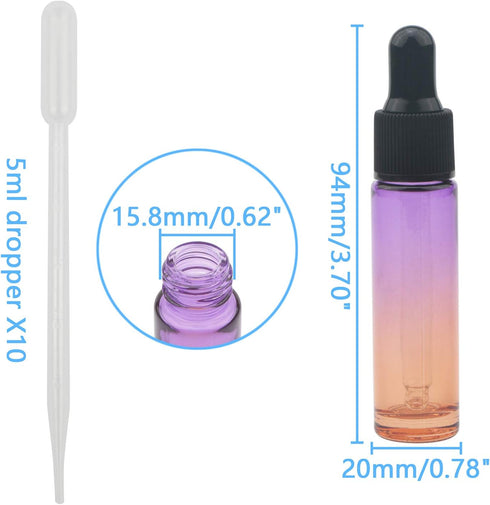 10Pcs Dropper Bottles Set, 10ml (1/3 oz) Purple Orange Gradient Glass Bottles with 5ml Plastic Droppers for Essential
