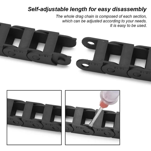R18 Black Plastic Cable Wire Carrier Drag Chain, 10mm x 15mm, 1M Length for CNC with End Connectors